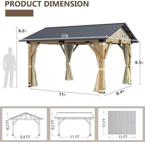 11'x13' Wood Gazebo, Outdoor Hardtop Gazebo, Cedar Frame Wooden Gazeb...