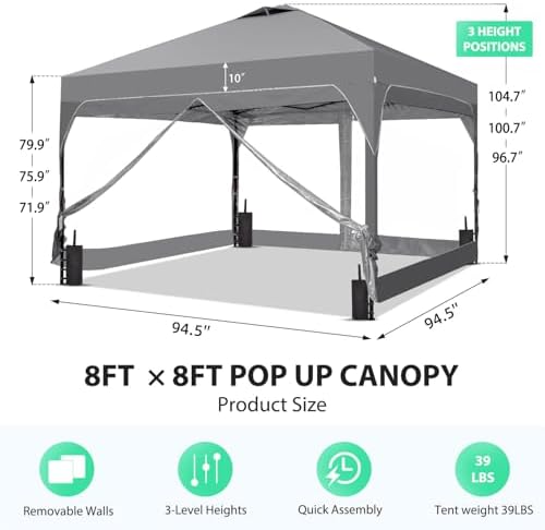 8x8FT 1-Button Push Pop Up Canopy Tent with 4 Clear PVC Sidewalls