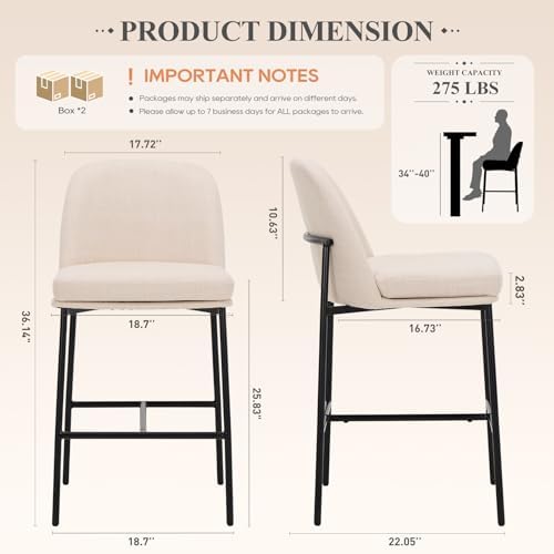 COLAMY Counter Height Bar Stools Set of 4, 25 Inch Modern Fabric Kitchen Isla...