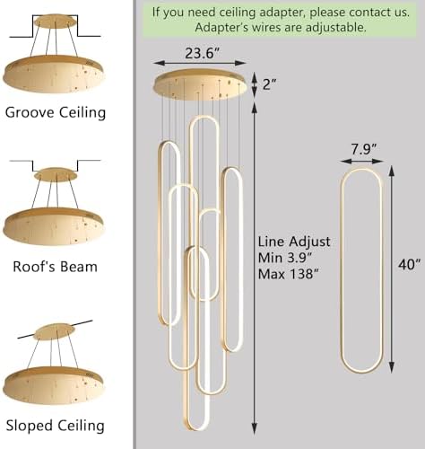 6-Rings Modern Chandelier, LED Gold Large Contemporary Light for Staircase, D...