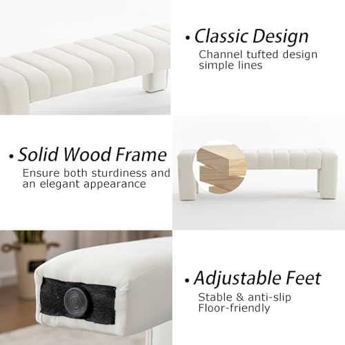 59" Velvet Bench for Bedroom King Size Bed Window End of Bed, Ivory White