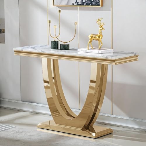 46.85" White Marble Console Table for Living Room, Faux Marble Sofa Tabl...