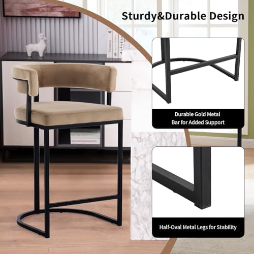 Set of 2 Brown Modern Velvet Bar Stools with Barrel Backrest, Upholstered Sea...