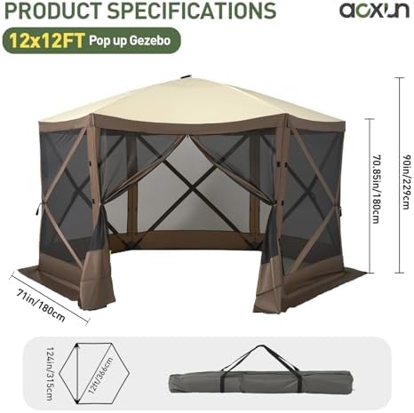 Aoxun 12x12ft Pop Up Canopy Tent, Camping Gazebo Screen Tent, Brown