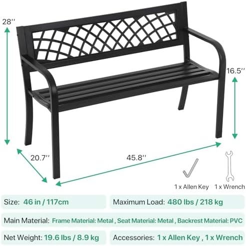 Dkeli Patio Outdoor Bench Park Metal Sturdy Cast Iron Garden Benches Porch Ch...