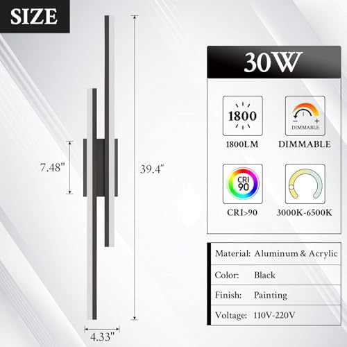 LED Wall Sconce Black Modern Remote Wall Light Fixtures for Living Room, Dimm...