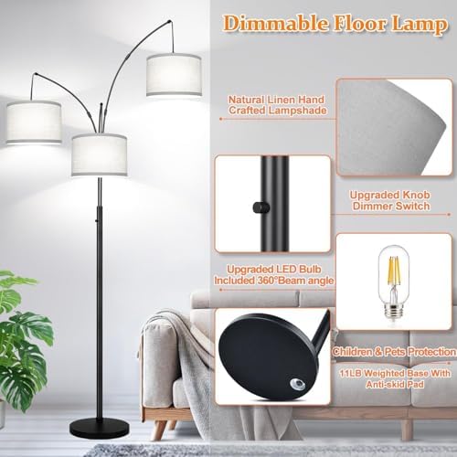 Dimmable Floor Lamp, 3 Lights Black Arc Floor Lamp, Modern Tall Standing Tree...
