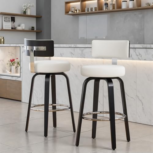 29" Bar Height Swivel Bar Stools Set of 2 with Back, White