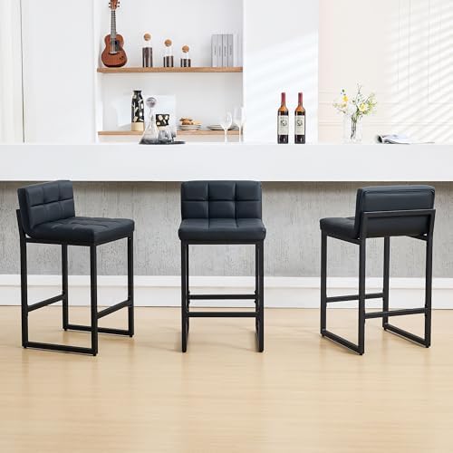 FIRAVOE Bar Stools Set of 3, Upholstered Faux Leather Counter Height Barstool...