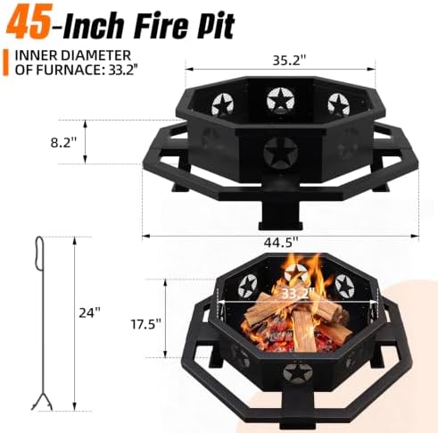45 Inch Fire Pit for Outside Wood Burning, Outdoor Octagonal Fire Pit with Po...