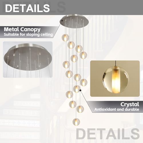 14 Lights Staircase Chandelier for High Ceiling, Dimmable Modern Crystal Rain...