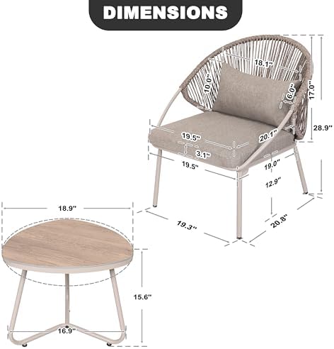 NUU GARDEN Outdoor 3 Piece Bistro Set, Woven Rope Chair with Zippered Cushion...