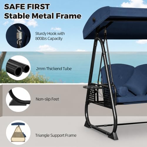 3 Seat Patio Swing Chair with Canopy,Outdoor Porch Swing with Thick Cushions,...