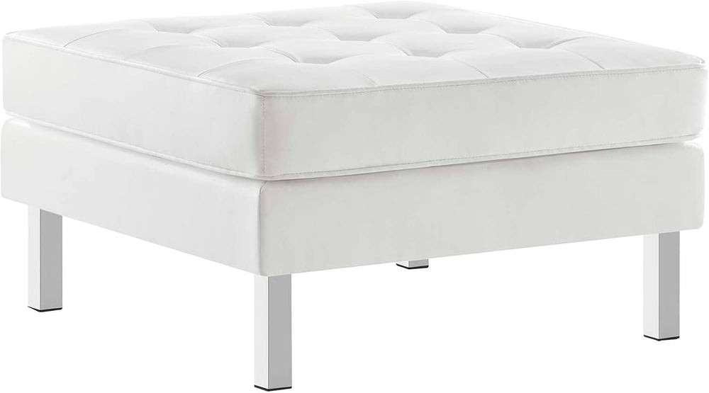 Modway Loft Tufted Button Faux Leather Upholstered Square Ottoman in Silver W...