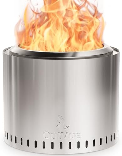 outvue 19.5 inch stainless steel smokeless fire pit shown in use