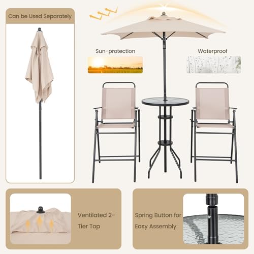 GIANTEX 4-Piece Outdoor Bar Set, Round High Top Bar Table with 2 Folding Coun...