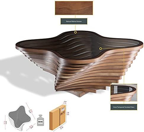 Papella Design Modern Coffee Table – Natural Walnut Veneer, Tempered Glass To...