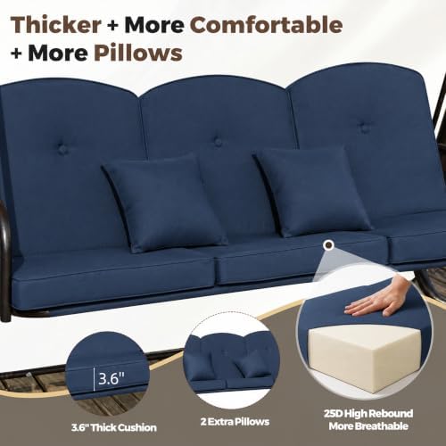 3 Seat Patio Swing Chair with Canopy,Outdoor Porch Swing with Thick Cushions,...