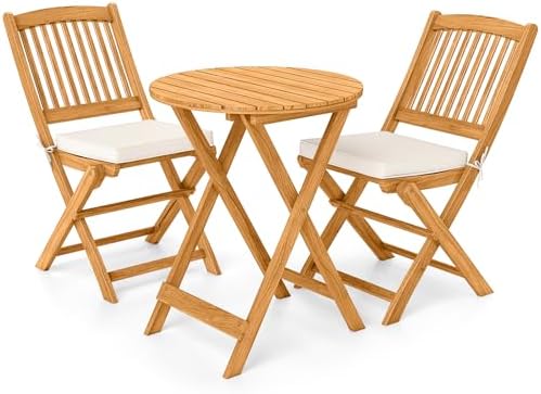 GIANTEX 3 Pieces Acacia Wood Bistro Set, Outdoor Folding Table & Chairs