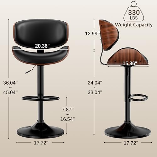 Bar Stools Set of 2, Swivel Adjustable with Bentwood Backrest, Black