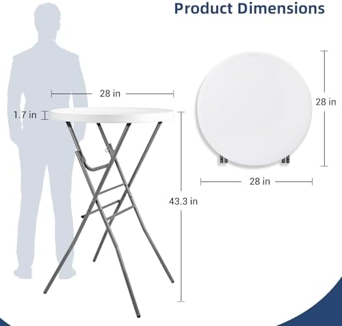 Byliable 28in Folding Cocktail Table, Round Bar Height High Top, White 2PK