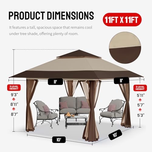 CROWN SHADES 11x11 Pop Up Gazebo, Outdoor Canopy Tent, Beige & Coffee