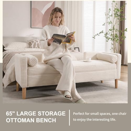 NIOIIKIT 65" Corduroy Upholstered Storage Ottoman Bench with Pillows White