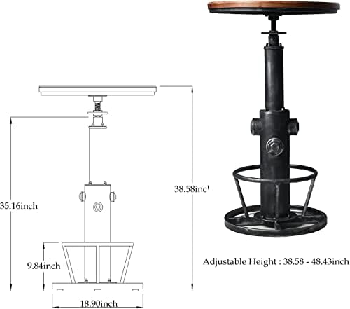 LOKKHAN Industrial Bar Table 38.6"-48.4" Height Adjustable Swivel R...