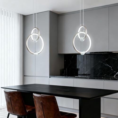 Modern Chandelier 2 Ring Nickel Color Pendant Light Fixture,Dimmable LED Pend...