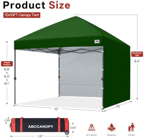 ABCCANOPY 10x10 Pop Up Canopy, 2 Sidewalls, All-Weather Shade, Olive Green
