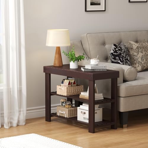 DUMOS Wooden Shoe Rack Bench with Storage, 3-Tier Bamboo Entryway Benches, Sh...