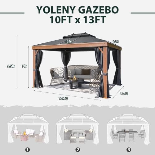 YOLENY 10' x 13' Hardtop Gazebo Faux Wood Grain with Aluminum Frame, ...