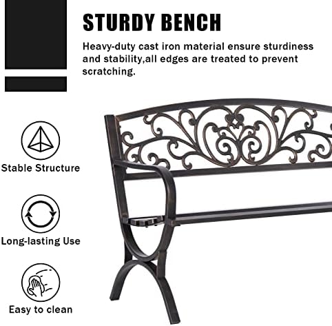 MFSTUDIO 50 Inches Outdoor Garden Bench Cast Iron Metal Frame Floral Bronze