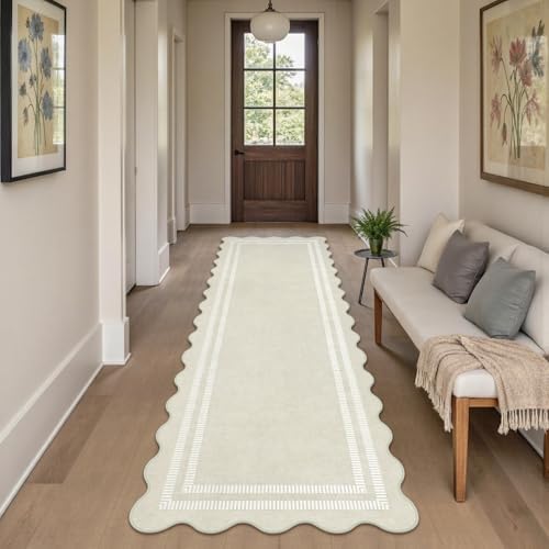 Washable Runner Rug 2.6x8 Kitchen Hallway Scalloped Rugs, Non Skid Stain-Resi...
