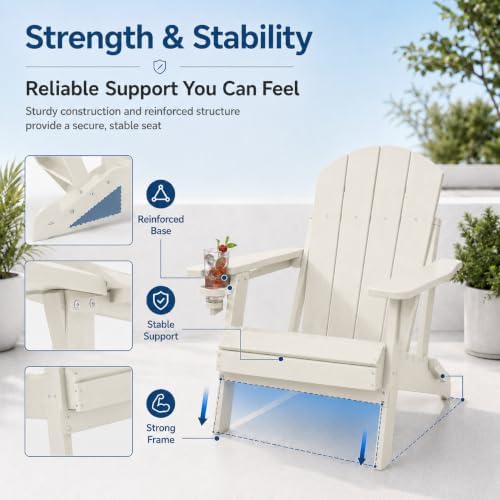 Folding Adirondack Chairs Set of 2 with Cup Holder, Heavy Duty HDPE Plastic O...