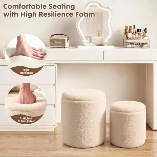 YYW HOME Round Storage Ottoman for Living Room, Beige Ottoman Set of 2