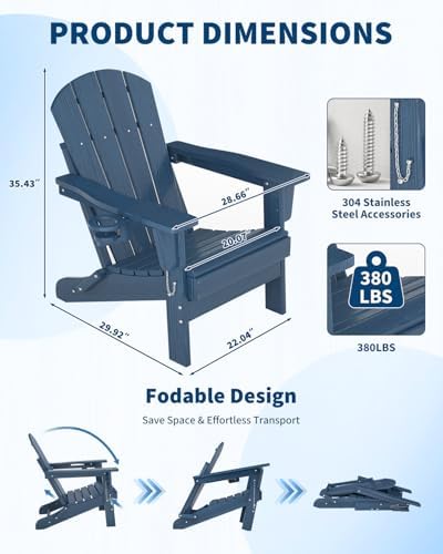 HDPE Folding Adirondack Chair Set of 2 with Side Table, Navy Blue