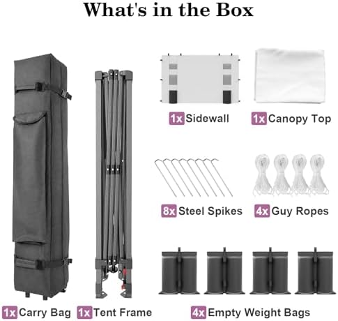 10x10 Pop Up Canopy with Sidewall, One Push Easy Setup, Black