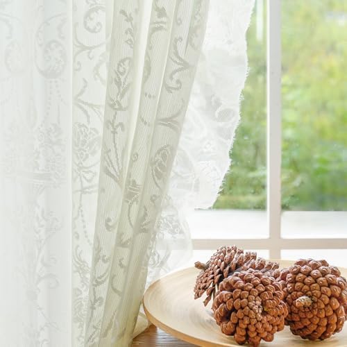 TUDECO Ruffle Curtains 2 Panels - Vintage Tulle Floral Lace Cream Sheer Curta...