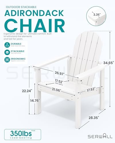 SERWALL HDPE Stackable Adirondack Chairs Set of 2,Space-Saving, White