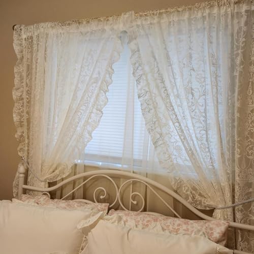 TUDECO Ruffle Curtains 2 Panels - Vintage Tulle Floral Lace Cream Sheer Curta...
