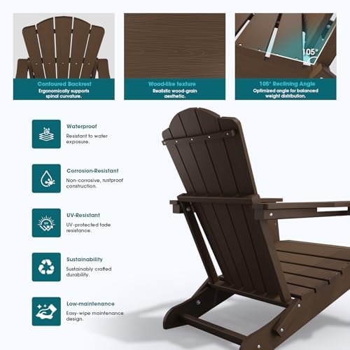 THOEOE Folding Adirondack Chair Set of 2, HDPE Plastic Patio Chairs