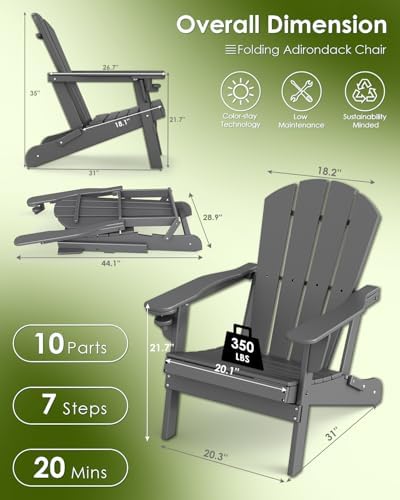 GREENVINES Folding Adirondack Chairs Set of 2 w/Cup Holder, HDPE, Grey