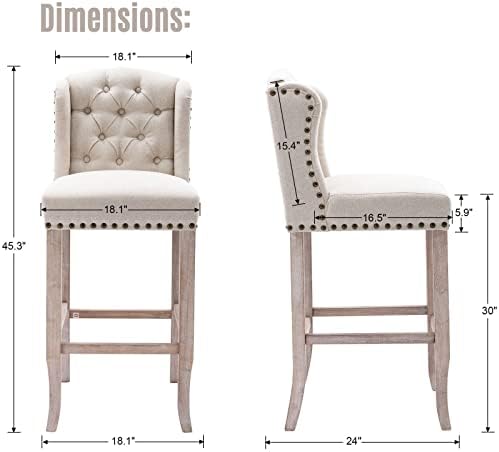 Classic 30" Linen Bar Stools Set of 2, Button Tufted Wingback Tall Bar C...