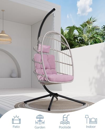 SWITTE Egg Chair Outdoor with Stand, Indoor Wicker Hanging Egg Swing, Pink