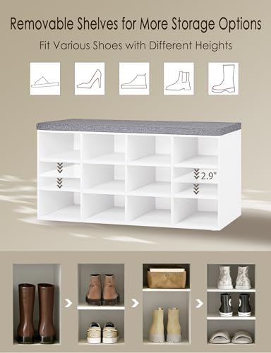 DINZI LVJ Shoe Storage Bench with Cushion, 40.9" Cubby Shoe Rack, 12-Cubby