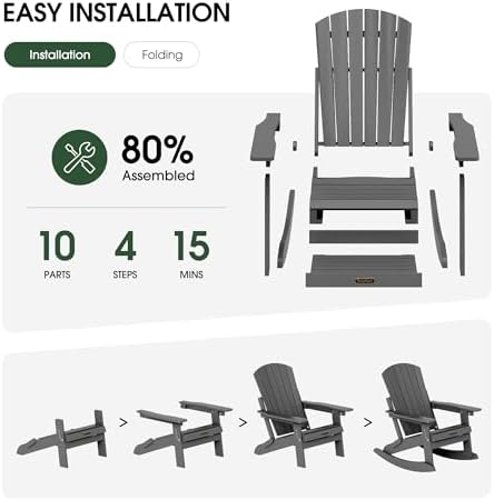 4-in-1 Adirondack Rocking Chair, HDPE, with Footrest, Grey