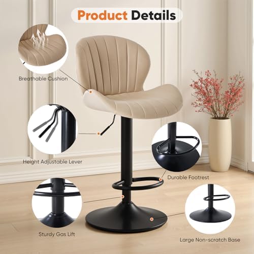 Sweetcrispy Bar Stools Set of 4, Swivel Adjustable Height Fabric Bar Chair