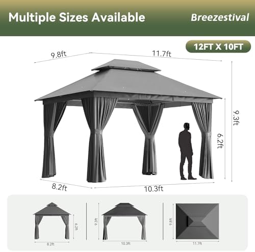 12'x10' Gazebo with Light, Outdoor Gazebo with Double Roofs
