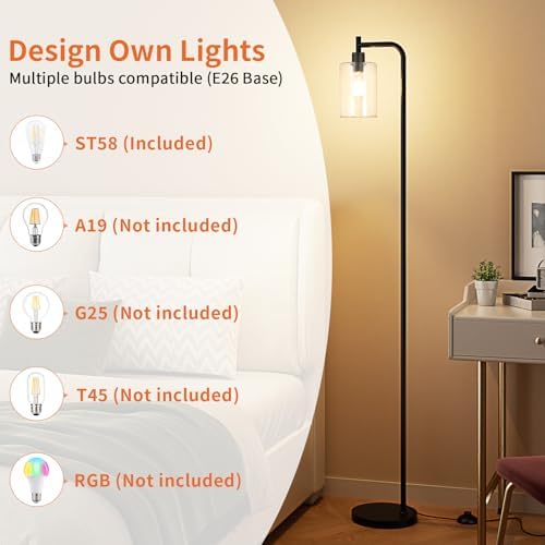 Ziisee Industrial Floor Lamp with Glass Shade - Black, LED Bulbs, Foot Pedal ...